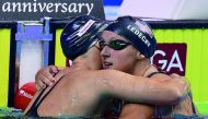 USA’s Katie Ledecky (right) celebrates with USA’s Leah Smith after winning the women’s 400m freestyle final at the 2017 FINA World Championships in Budapest, yesterday.