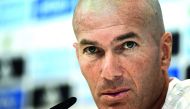 French coach Zinedine Zidane gives a press conference at Real Madrid sport city in Madrid, yesterday on the eve of the Spanish SuperCup first leg football match against FC Barcelona. 