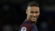 Paris Saint-Germain's Brazilian forward Neymar smiles during the French L1 football match Paris Saint-Germain (PSG) vs Toulouse FC (TFC) at the Parc des Princes stadium in Paris on August 20, 2017.  AFP / Thomas SAMSON 

