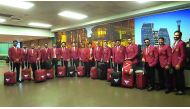 Qatar national cricket team players and officials pose for a photograph upon their arrival in Benoni, South Africa, yesterday.