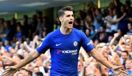Chelsea's Spanish striker Alvaro Morata celebrates scoring his team's second goal during the English Premier League football match between Chelsea and Everton at Stamford Bridge in London on August 27, 2017. / AFP / Glyn KIRK