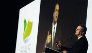 Roberto Azevedo, Director-General of the World Trade Organization (WTO), talking to the audience during the International Poultry show in Sao Paulo, Brazil, yesterday. 