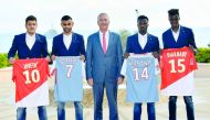 AS Monaco football club’s Russian Vice-President Vadim Vasilyev pose with newly recruited (from left) Yugoslavian forward Stevan Jovetic, French midfielder Rachid Ghezzal, Spanish forward Keita Balde and French forward Adama Diakhaby on Thursday in Monaco