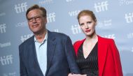Writer/Director Aaron Sorkin (L) and actress Jessica Chastain attend the press conference for 