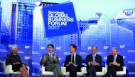 FROM LEFT: Christine Lagarde, managing director of the IMF, Canadian Prime Minister Justin Trudeau, Mark Rutte, Prime Minister of the Netherlands, Laurence Fink, Chairman and CEO of BlackRock, and Stephen Schwarzman, CEO and founder of Blackstone, attend 