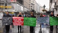Peace demonstrators hold banners reading 'Peace is a right for everyone' and 'Stop War, Stop Terrorism' during a peace protest in Belgrade, Serbia on September 21, 2017. Youth Initiative for Human Rights (YIHR) and Woman in Blacks gather to mark 21th Sept