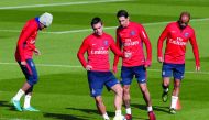 PSG players Neymar, Giovani Lo Celso, Angel Di Maria and Lucas Moura during a training session at Ooredoo Camp, Saint Germain-En-Laye, France on Thursday.