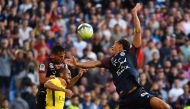 (From L) Montpellier's French defender Ruben Aguilar, Paris Saint-Germain's Brazilian forward Lucas and Montpellier's French defender Daniel Congr go for a header during the French Ligue 1 football match between Paris Saint-Germain (PSG) and Montpellier o