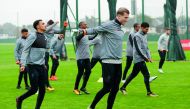 Liverpool goal-keeper Loris Karius (foreground) along with his team-mates during team’s training session, on the eve of their Champions League match against Spartak Moscow, in Liverpool yesterday. 