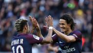 Edinson Cavani (R) of Paris Saint-Germain celebrates his score with Neymar (L) during the French Ligue 1 football match between Paris Saint-Germain (PSG) and Bordeaux at the Parc des Princes Stadium in Paris, France on September 30, 2017. ( Mustafa Yalç?n