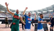 Napoli's Pepe Reina, Dries Mertens and Lorenzo Insigne celebrate after the match REUTERS/Ciro De Luca
