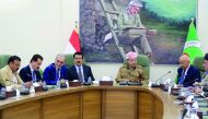 Kurdish Regional President Massoud Barzani (centre) meeting with Kirkuk provincial Governor Najim Al Din Karim (third left) and representatives of Kurdish political parties in Kirkuk.