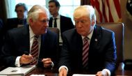 U.S. President Donald Trump talks with Secretary of State Rex Tillerson during a meeting with members of his Cabinet at the White House in Washington, U.S., June 12, 2017. Reuters/Kevin Lamarque 