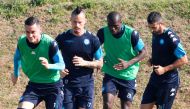 Napoli's Spanish striker Jose Maria Callejon (L), Napoli's Slovakian midfielder Marek Hamsik (2ndL), Napoli's French defender Kalidou Koulibaly (2ndR) and Napoli's Spanish defender Raul Albiol attend a training session on the eve of the UEFA Champions Lea