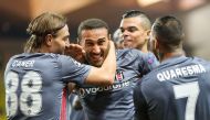 Besiktas' forward Cenk Tosun (2ndL) celebrates with Besiktas' defender Caner Erkin (L), Besiktas' Portuguese defender Pepe (2ndR) and Besiktas' Portuguese midfielder Ricardo Quaresma after scoring his second goal during the UEFA Champions League group sta