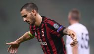 AC Milan's defender Leonardo Bonucci reacts during the UEFA Europa League football match AC Milan vs AEK Athens at the 