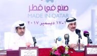 Sheikh Khalifa bin Jassim Al Thani (right),  Chairman of Qatar Chamber (QC) at a press conference held at QC headquarters yesterday, announcing the details of ‘Made in Qatar’ expo. Also seen is the Director-General of QC, Saleh bin Hamad Al Sharqi.