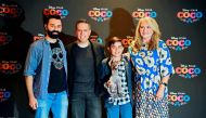 (L to R) Mexican-American Co-director Adrian Molina, US Director Lee Unkrich, Mexican singer and actor Luis Angel Gomez and US Producer Darla K. Anderson pose for the media during a press conference on 