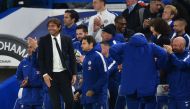Chelsea's Italian head coach Antonio Conte reacts after Chelsea scored their second goal during the English League Cup fourth round football match between Chelsea and Everton at Stamford Bridge in London on October 25, 2017.