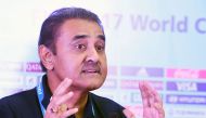President of the All India Football Federation (AIFF) Praful Patel speaks during a press conference ahead of the final of the U-17 FIFA World Cup at the Vivekananda Yuba Bharati Krirangan stadium in Kolkata on October 26, 2017. / AFP / Dibyangshu SARKAR