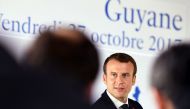 French president Emmanuel Macron speaks during a press conference at the prefecture in Cayenne, as part of a three-day visit to French Guiana on October 27, 2017. AFP / Alain Jocard