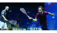 Nicolas Mueller (left) of Switzerland and Ben Coleman of England in action during the qualifying rounds of the Qatar Classic at the Khalifa International Tennis and Squash Complex yesterday. Mueller won 11-9, 8-11, 8-11, 11-1, 11-8.