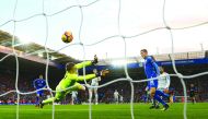 Leicester City’s Jamie Vardy (second right)scores their first goal against Everton during their Premier League match played at King Power Stadium, Leicester, Britain yesterday.