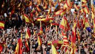 Protesters with Spanish flags stage a pro-unity demonstration at Passeig de Gracia in Barcelona, Spain on October 29, 2017. Anadolu Agency/ Burak Akbulut.