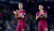 A file photo of  Manchester City's Kevin De Bruyne and Nicolas Otamendi applaud the fans after the match, October 28, 2017. REUTERS/Darren Staples