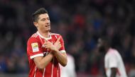Robert Lewandowski of Bayern Munich celebrates after scoring a goal during the German Bundesliga soccer match between FC Bayern Munich and RB Leipzig at Allianz Arena in Munich, Germany, on October 28, 2017. ( Andreas Gebert - Anadolu Agency )

