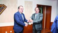 H E Sheikh Abdullah bin Saoud Al Thani (right), QCB Governor with Said Davlatali, First Deputy Prime Minister of the Republic of Tajikistan during the meeting in Tajikistan, yesterday.