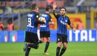 Inter Milan's Eder celebrates with Mauro Icardi scoring their first goal REUTERS/Alberto Lingria
