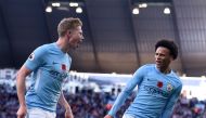 Manchester City's Belgian midfielder Kevin De Bruyne celebrates scoring the opening goal during the English Premier League football match between Manchester City and Arsenal at the Etihad Stadium in Manchester, north west England, on November 5, 2017.  AF