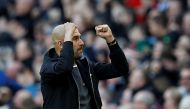 Manchester City manager Pep Guardiola celebrates after Manchester City's Kevin De Bruyne scores their first goal November 5, 2017. REUTERS/Phil Noble