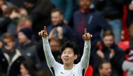A photo of Tottenham's Son Heung-min celebrates scoring their first goal November 5, 2017. REUTERS/Peter Nicholls