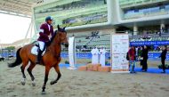Saeed Nasser Al Qadi, astride Jessico after clocking a time of 21.79 seconds in the Medium Tour .20/1.30m Two Phases event during the third round of Hathab Equestrian Tour at Al Shaqab Arena yesterday.