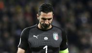 Italy's goalkeeper Gianluigi Buffon reacts during the FIFA World Cup 2018 qualification football match between Sweden and Italy in Solna,Sweden on November 10, 2017. / AFP / Jonathan NACKSTRAND