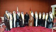 The President of the Republic of Ghana, Nana Akufo-Addo (centre), Qatar Chamber (QC) Vice-Chairman Mohamed bin Towar Al Kuwari (sixth right) and other prominent Qatari businessmen at the Qatar Chamber headquarters in Doha, yesterday.  