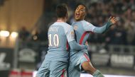 Monaco's Montenegrin forward Stevan Jovetic (L) celebrates with Monaco's Belgian midfielder Youri Tielemans after scoring a goal during the French L1 football match Amiens vs Monaco on October 17, 2017 at the Licorne Stadium in Amiens. / AFP / FRANCOIS NA