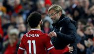 Liverpool's Mohamed Salah with manager Juergen Klopp after being substituted REUTERS/Phil Noble 
