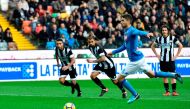 Napoli's Brazilian midfielder Jorge Luiz Jorginho kicks and scores a penalty during the Italian Serie A football match Udinese vs Napoli at the Dacia Arena stadium in Udine on November 26, 2017. / AFP / MIGUEL MEDINA