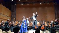 Italian soprano Silvana Froli and conductor Jacopo Sipari di Pescasseroli with the Qatar Philharmonic Orchestra at the Rossini, Verdi and Puccini concert at Qatar National Convention Center on Monday.