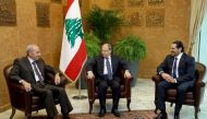 Lebanese President Michel Aoun meets with Prime Minister Saad al-Hariri, and Lebanese Parliament Speaker Nabih Berri at the presidential palace in Baabda, Lebanon November 27, 2017. Dalati Nohra/Handout via REUTERS 