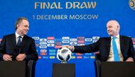 FIFA president Gianni Infantino (R) and Russian deputy prime minister Vitaly Mutko give a press conference prior to the Final Draw for the 2018 FIFA World Cup football tournament in Moscow on December 01, 2017. / AFP / Alexander NEMENOV
