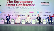 FROM LEFT: Charlie Corbett, Editorial Director Euromoney Conference; Dr Saad bin Ahmad Al Muhannadi, President, Ashghal; Yousuf Mohamed Al Jaida, Chief Executive Officer, Qatar Financial Centre (QFC) Authority; Rory Fyfe, Head of Economics at Qatar Nation