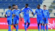 Al Kharaitiyat players celebrate after scoring a goal against Qatar SC during yesterday’s QNB Stars League match played at Al Khor Stadium. 