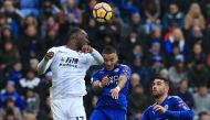 Crystal Palace's Zaire-born Belgian striker Christian Benteke (L) vies with Leicester City's English defender Danny Simpson during the English Premier League football match between Leicester City and Crystal Palace at King Power Stadium in Leicester, cent