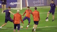 Paris Saint-Germain’s Brazilian forward Neymar (centre) trains with team-mates during their Winter Training Camp at the Aspire training pitch in Doha yesterday. Pic Baher Amin