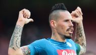 Napoli's Slovakian midfielder Marek Hamsik celebrates after scoring a goal during the Italian Serie A football match SSC Napoli vs UC Sampdoria on December 23 2017, at the San Paolo Stadium in Naples. / AFP / CARLO HERMANN
