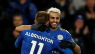 Leicester City's Riyad Mahrez celebrates scoring their first goal with Marc Albrighton Action Images via Reuters/Andrew Boyers 